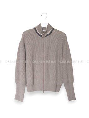 Brunello Cucinelli Cashmere Full Zip Cardigan Sweater Monili Trim M